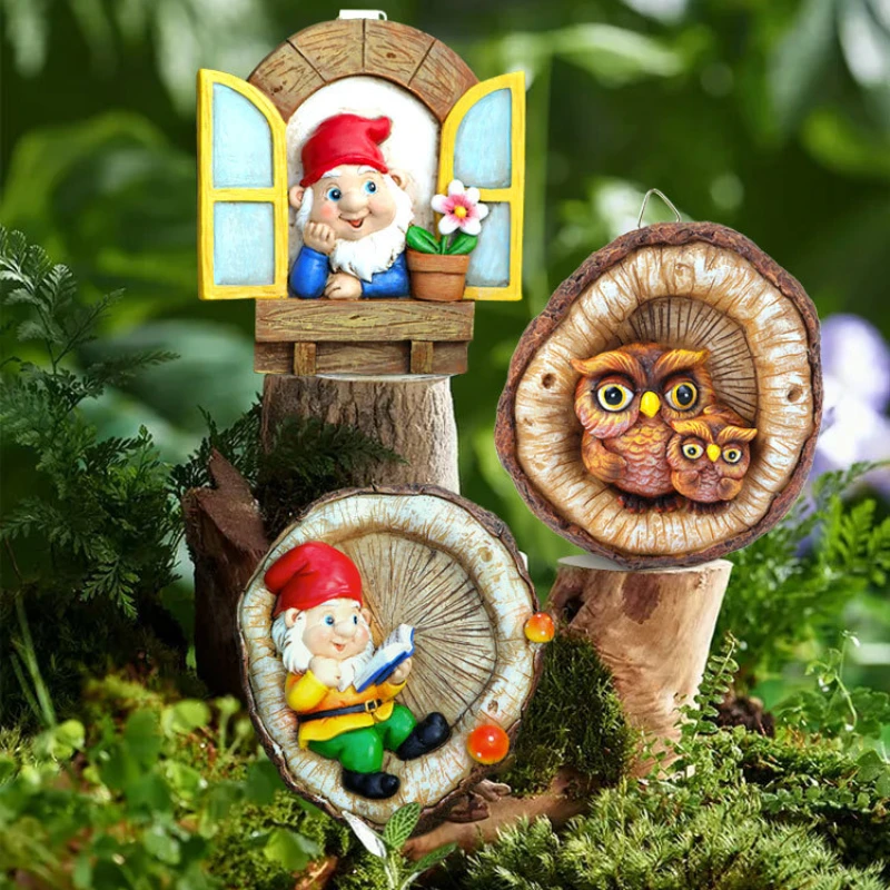 

New Cartoon Elf White Beard Dwarf Owl Tree Pendant Outdoor Creative Garden Window Wall Decoration Resin Sculpture Craft Gift