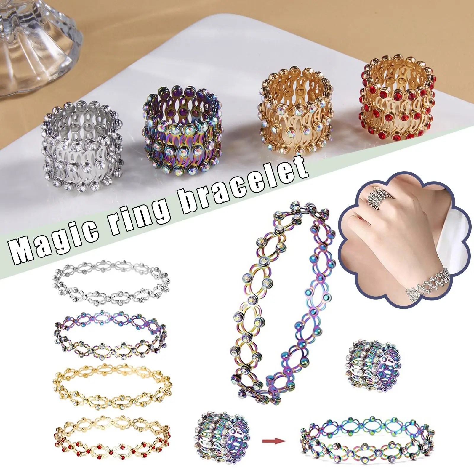 2 In 1 Magic Retractable Ring Bracelet Creative Flexible Retractile Folding Ring Adjustable Crystal Bracelets Women Jewelry Gift