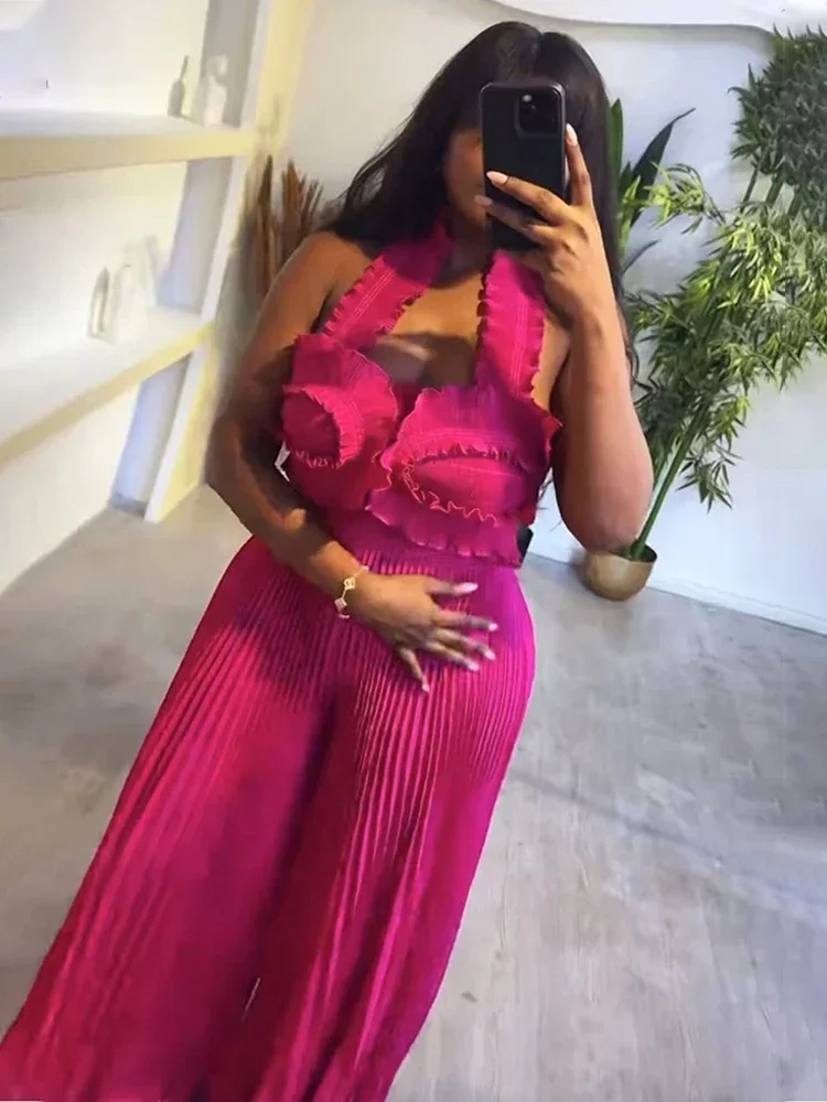 EGRM Плиссированный женский комплект однотонный укороченный топ с лямкой на шее и