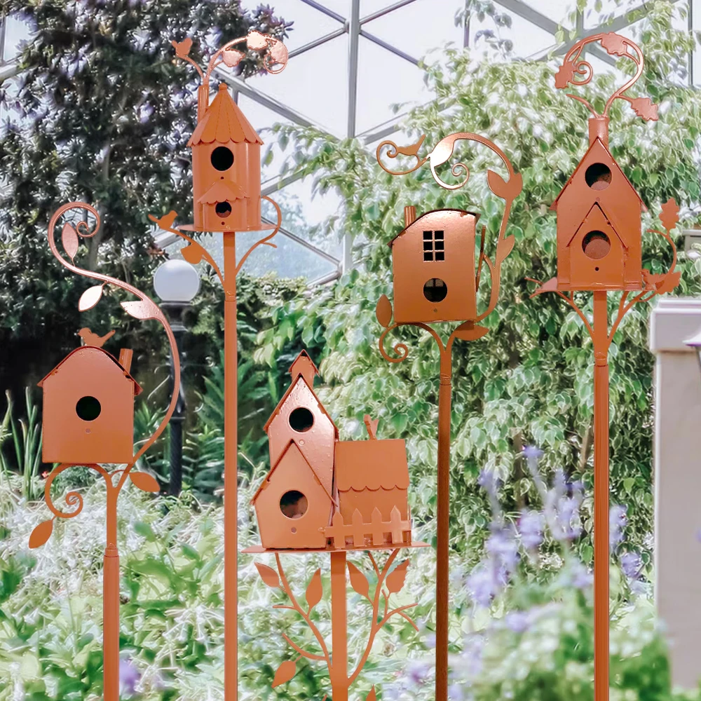

Garden Stake Birdhouse Attractive Bird Feeders For Outdoors Metal Art With Rod Easy Assemble Hanging Bird Feeder Outdoor