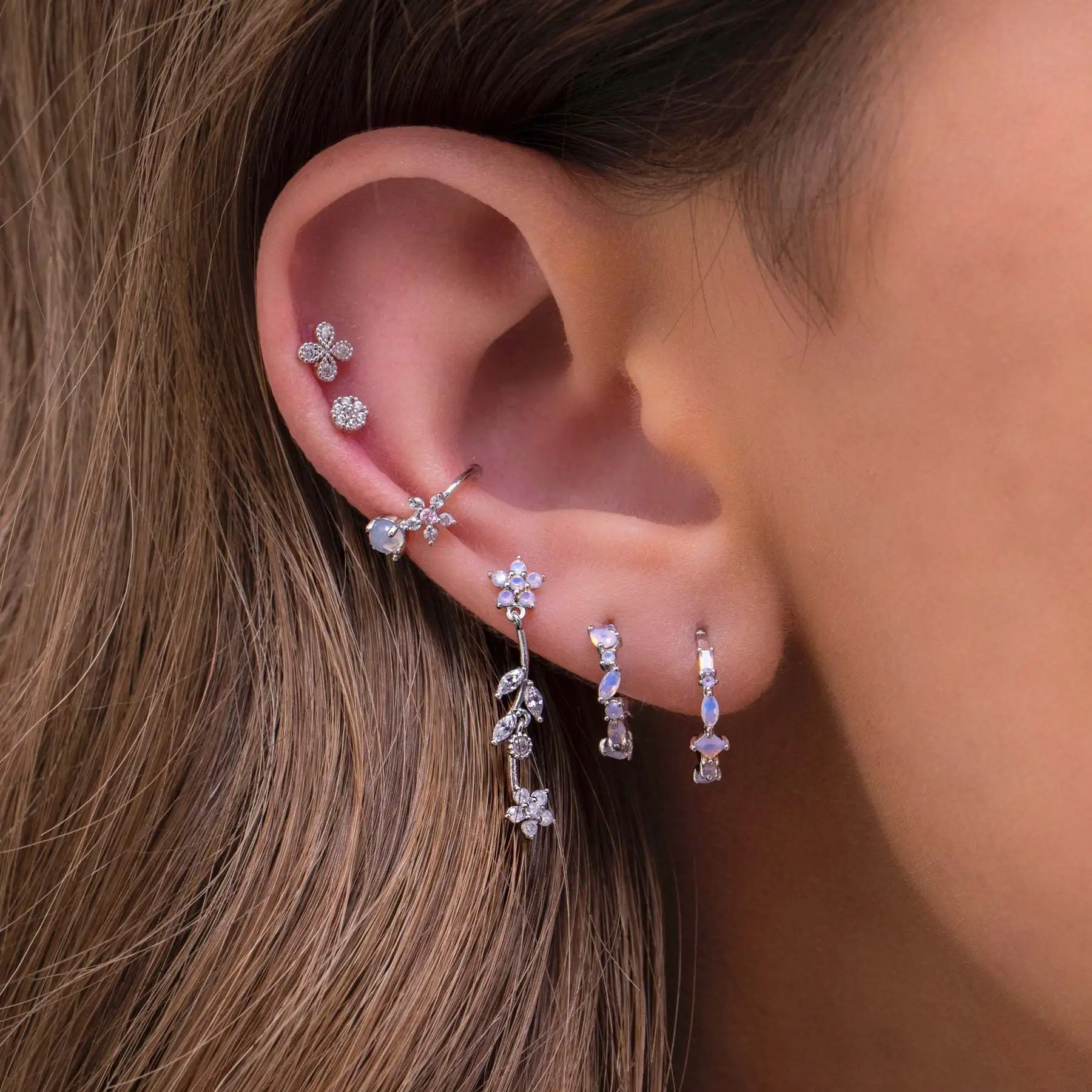 INS Fashion Jewelry Pink Zircon Flower Long Earrings For Women Temperament Flower Stud Earrings pendientes largos mujer