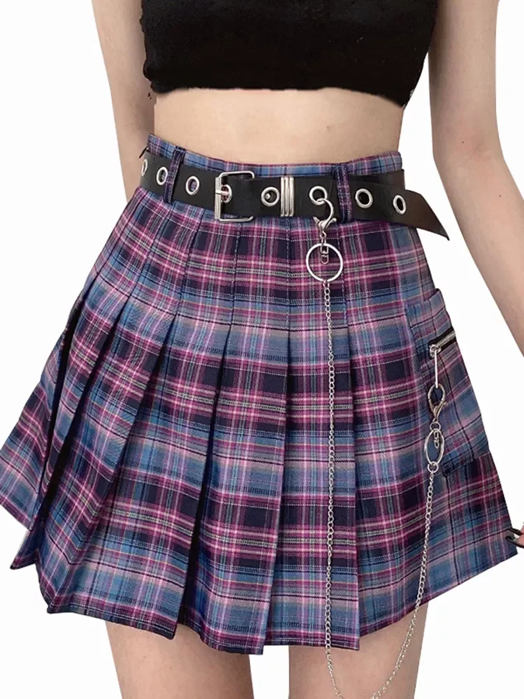 

Plaid Skirt Women Punk y2k High Waist Mini Tennis Skirts Uniform Chain Pocket A-line Streetwear Vintage Free Belt