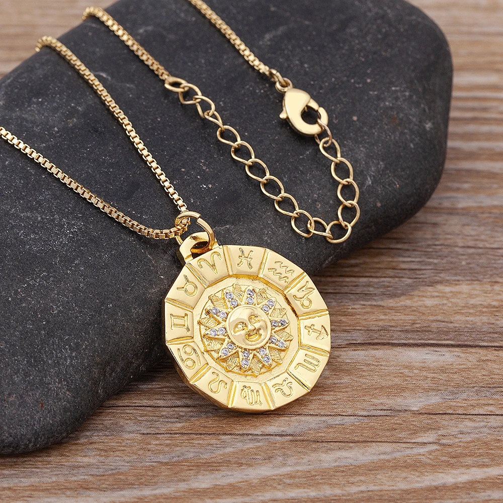 

AIBEF Classic Zircon Geometry Twelve Constellation Symbol Pendant Sun Relief Gold Color Necklace Women Charm Jewelry Gift