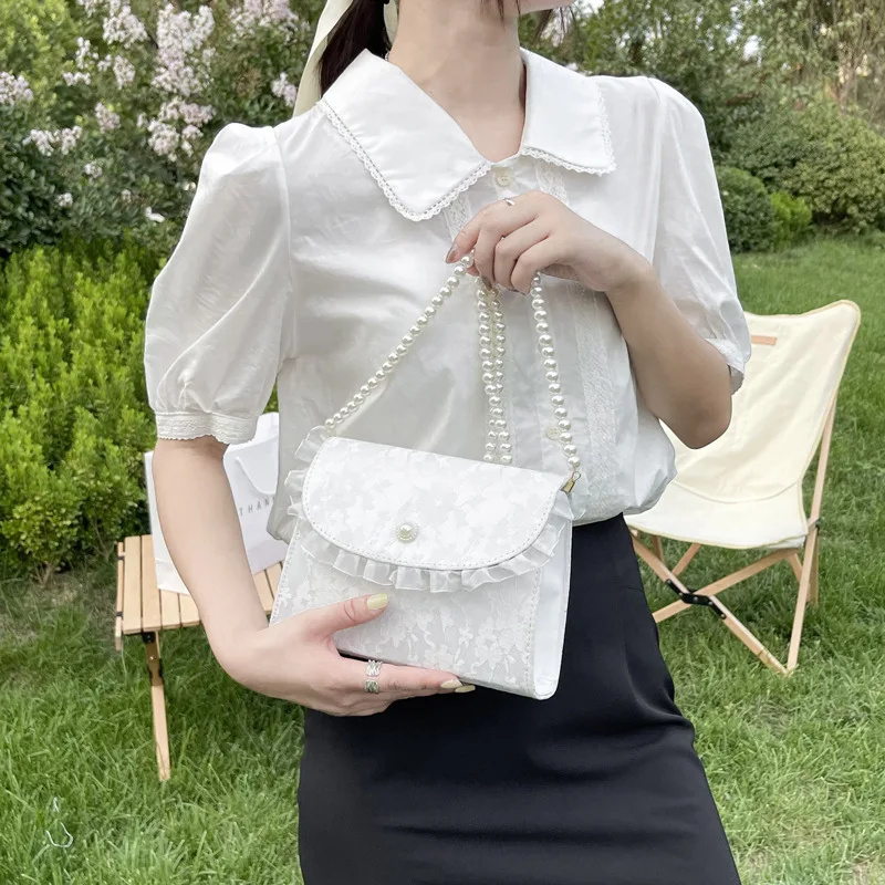 

Сумки через плечо в стиле ретро для женщин, милый клатч, кошелек, сумка на плечо с цепочкой, кружевные сумки с бабочкой и жемчугом, винтажный мессенджер, 2023