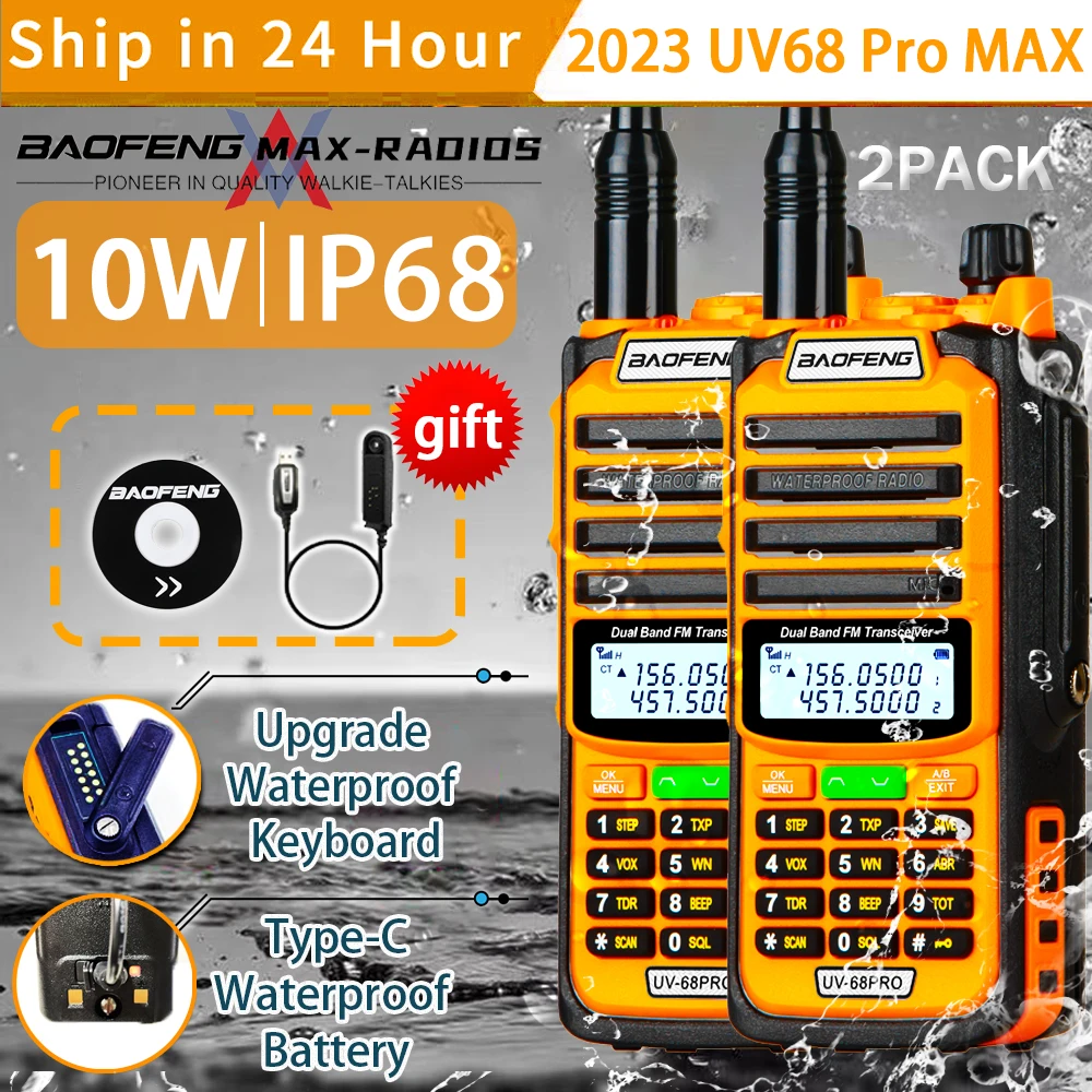 Baofeng UV-68 PRO MAX Walkie Talkie Larger Capacity High Power IP68 Waterproof Long Range Distance Dual Band TypeC Upgrade UV9R