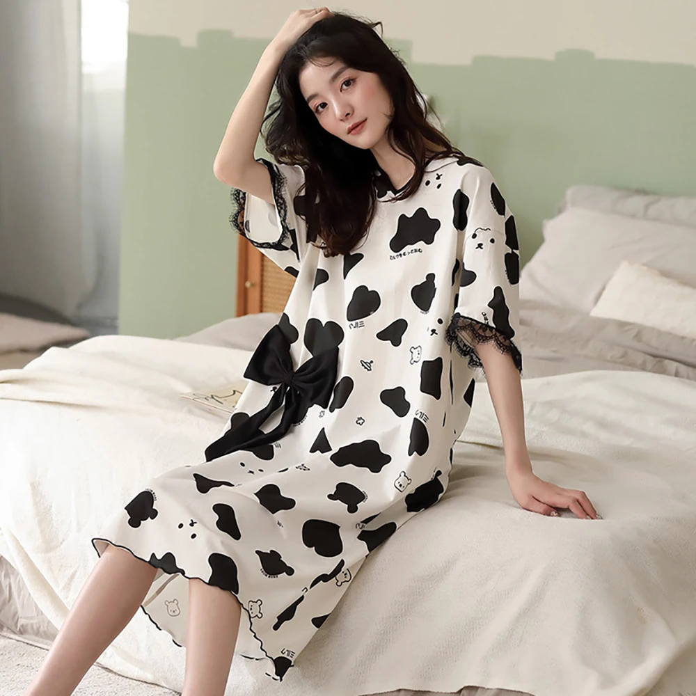 Sweet Girl Cartoon 100% Cotton Soft Sleepwear Casual Long One-piece Night Dress Gown Summer Breathable Women's Nightie Nightwear