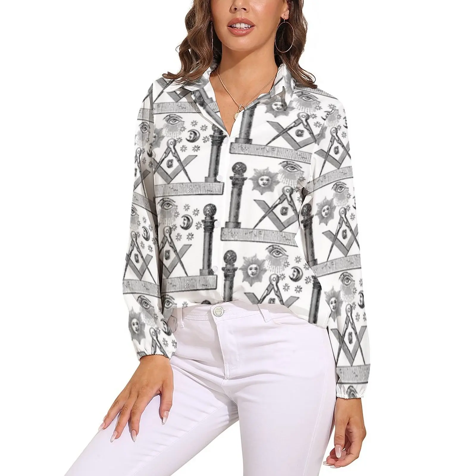 

Freemason Blouse Organization V Neck Retro Autumn Shirt Woman Large Size Top Shirts