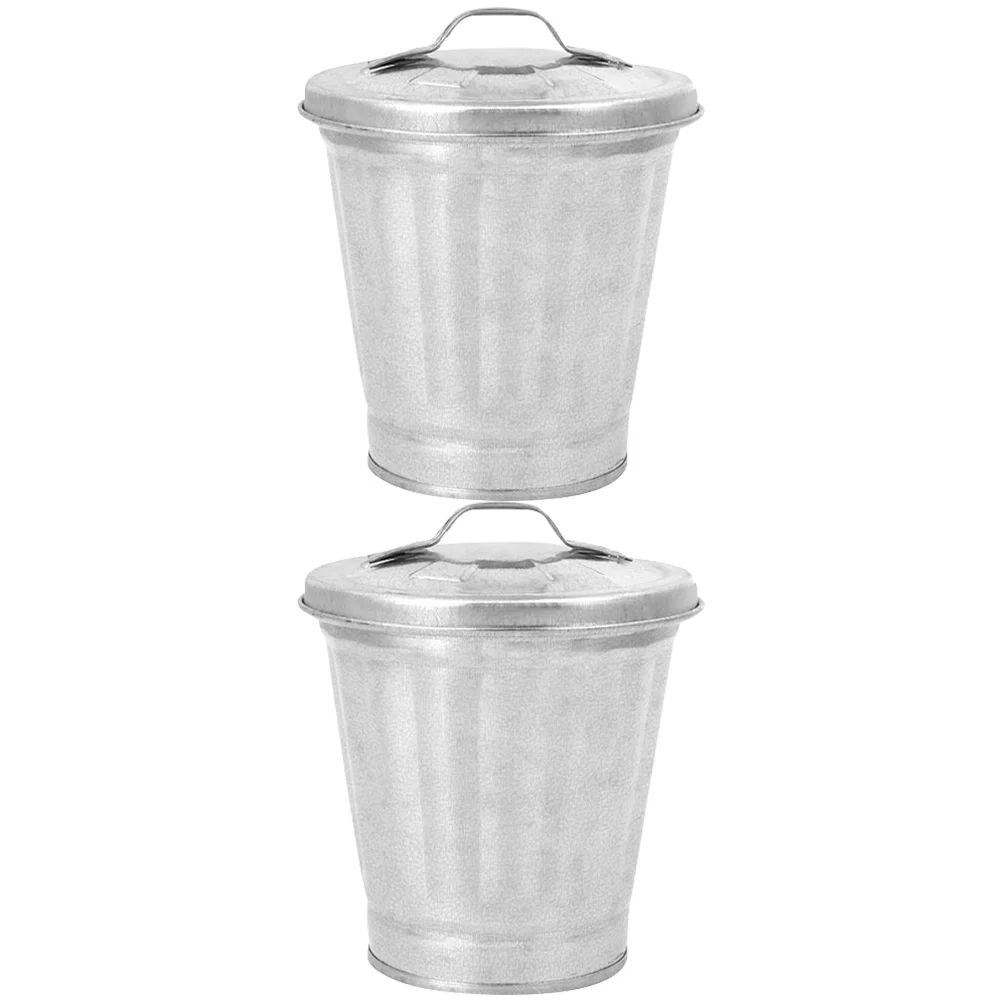 

Can Trash Garbage Lid Desktop Mini Galvanized Metal Wastebasket Pots Outdoor Bin Bucket Flower Cans Tiny Holder Waste Countertop