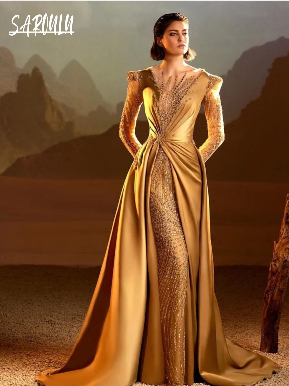 Мусульманское золотое вечернее платье с бисером великолепное вырезом лодочкой