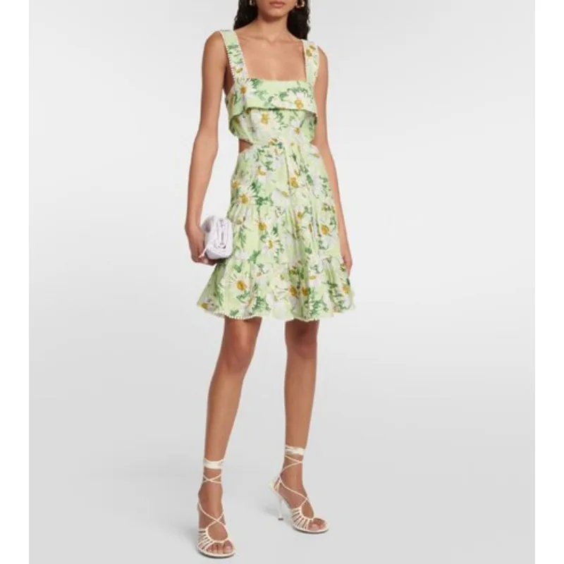 

2023 New Daisy Flowers Printed Sleeveless Mini Dress Stretchable Shirred Windows Back Cut Out Waist Woman Clothing
