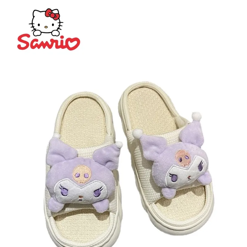

Sanrio Anime Cartoon Kulomi Linen Thick-soled Slippers Women's Household Indoor Anti-slip Four Seasons Breathable Cute Flip-Flop