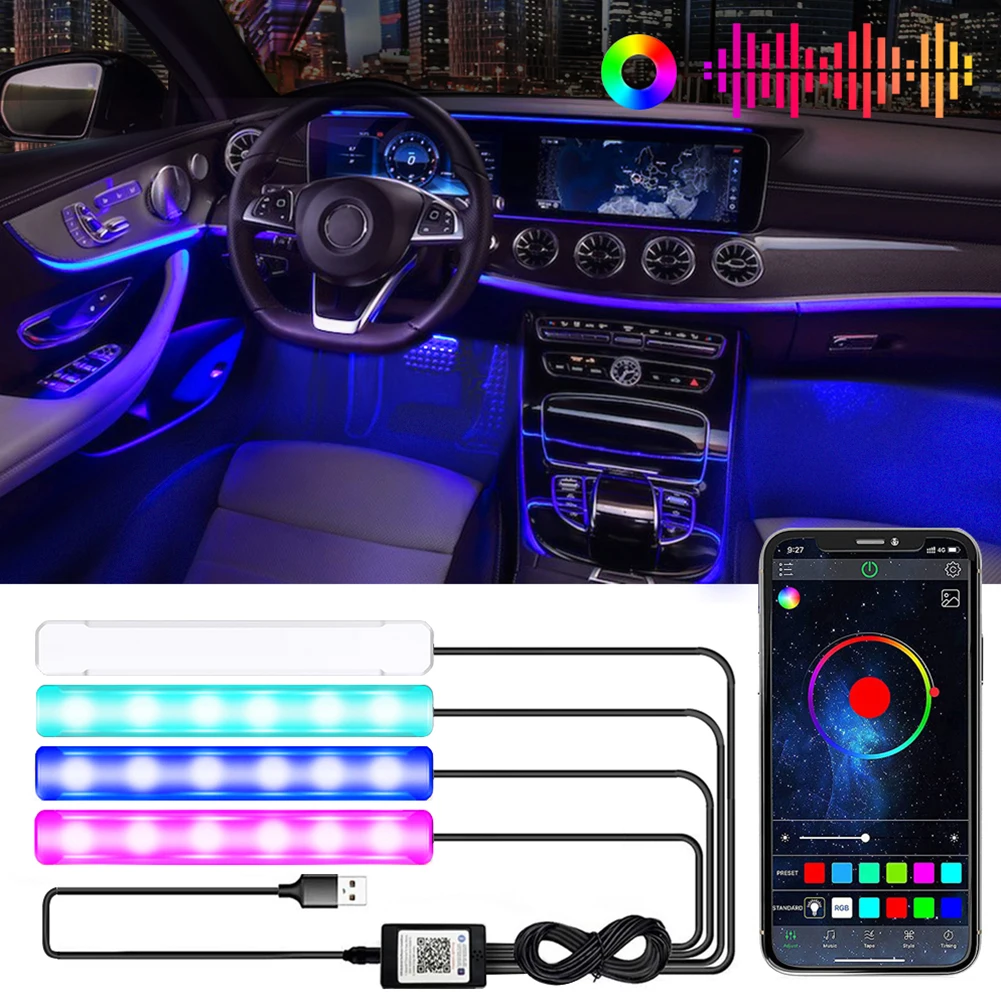 

Светодиодная подсветка для автомобиля, декоративная RGB лента с USB-подсветкой, управление через приложение, несколько режимов, аксессуар