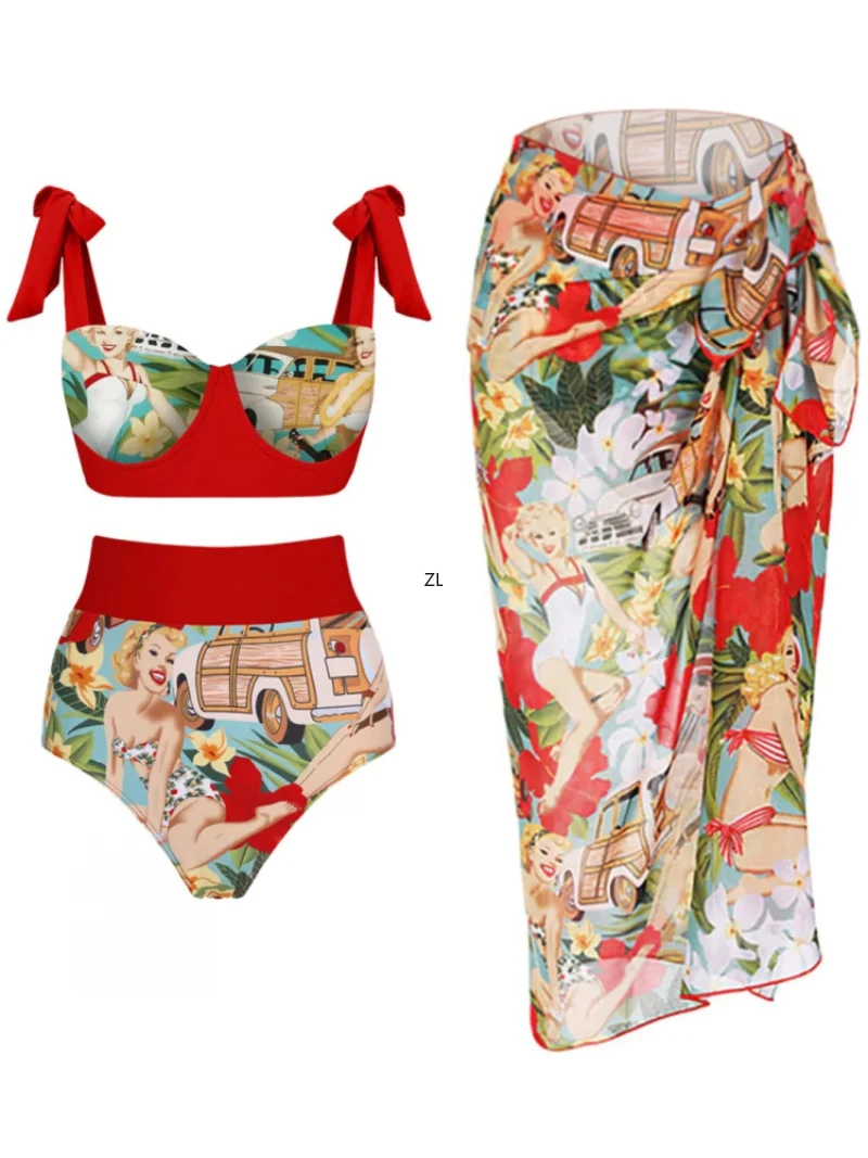 Women One Piece Swimsuit Swimming With Skirt Swimwear Cover Up Retro Holiday Beach Dress Backless Summer Elegant Surf Wear