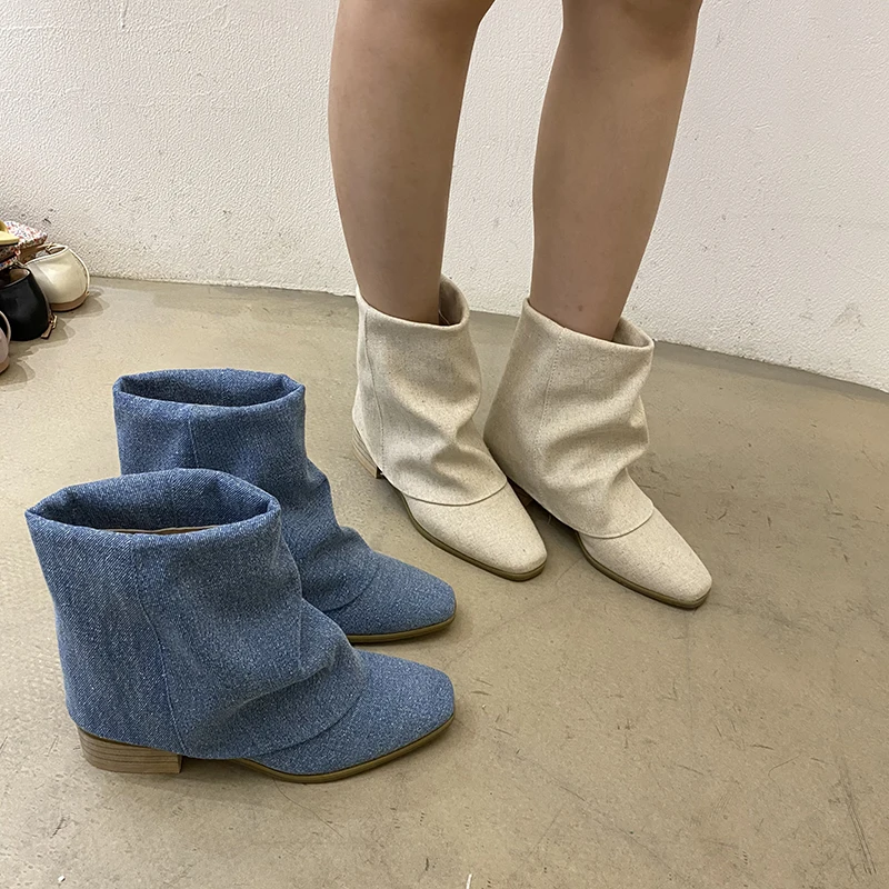 

Women Amkle Boots Western Booties Black Beige Blue Flock/PU Winter Western Boots Round Toe Slip On Chelsea Booties Pumps 35-39