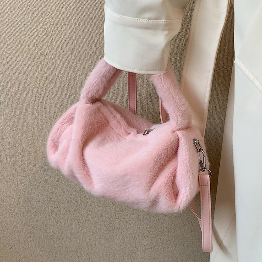 

Winter Faux Fur Top Handle Small Tote Handbags For Women New 2022 Fashion Plush Boston Ladies Shoulder Crossbody Bags White Pink