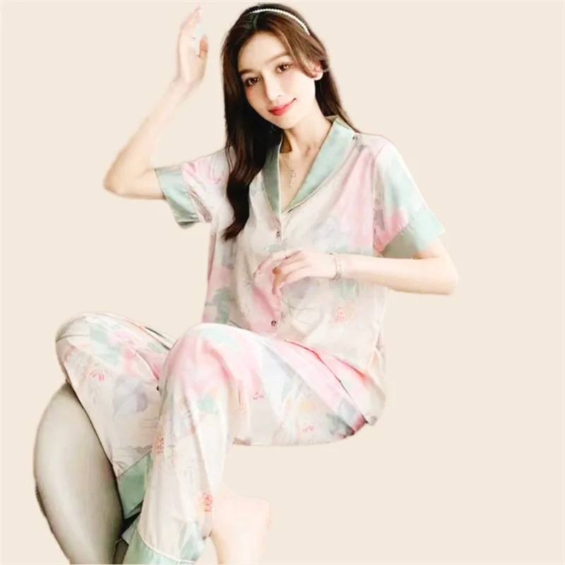Pajamas For Women Rayon Pajama Pants Sexy Flower Print Nighty Short Sleeve T-Shirt Long Pants 2Piece/Set Homewear Cozy Big Size