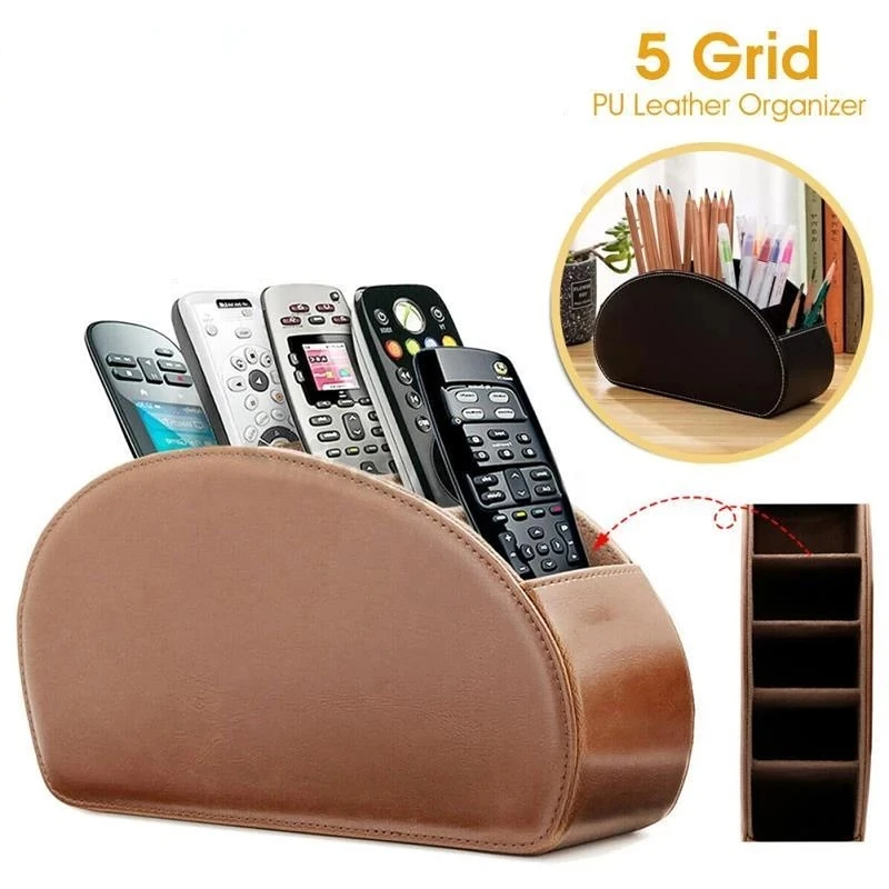 

Phone Box Desk Storage Pu Leather Holder Control Luxurious Cosmetics Organizer Brush Storage 5 Remote And Holder Home Grid