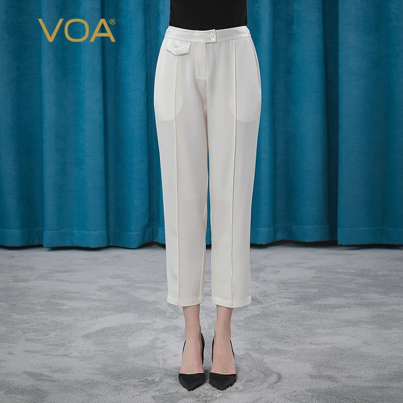 

VOA 36m/m Elastic Heavy Crepe Natural Waist Satin Edge Diagonal Pocket White Cargo Pants Women Nine-point Harem Pants KE228