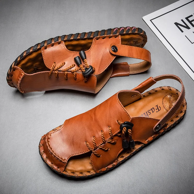 

Summer 2021 Men Sandals Breathable Leather Mens Slippers Beach Shoes Soft Comfortable Outdoor Male Slip-ON Man Sandals Big Size