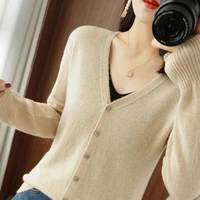 2022 spring and summer new sweater womens v neck cardigan loose base all match thin knitted long sleeved loose solid color coat
