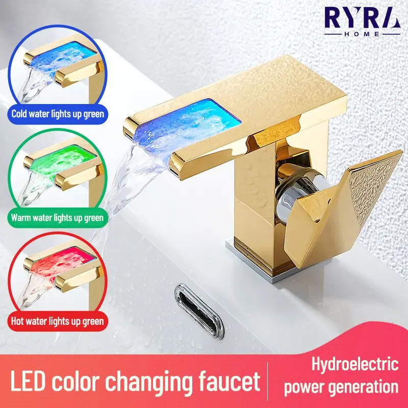 

Basin Brass LED Waterfall Faucet Set Cold Hot Water Mixer Crane Sink Tap Color Change Powered By Bathroom Water Flow Faucets