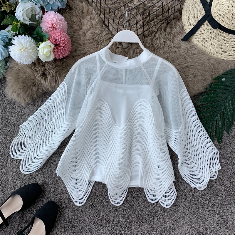 

fashion women half sleeve short blouses lady hollow out lace tops female half sleeve shirt shirts