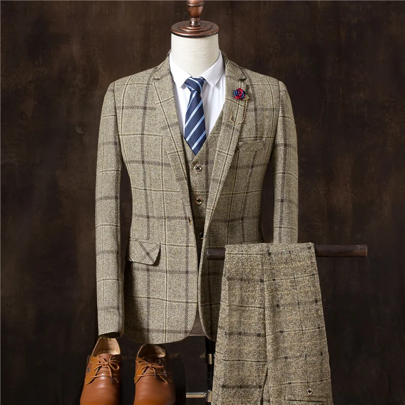 

Men Business Formal Slim Fit Wedding Prom Suits Male Boutique Plaid Design Groom Dress Blazers Jacket Pants Vest 3 Pieces Set