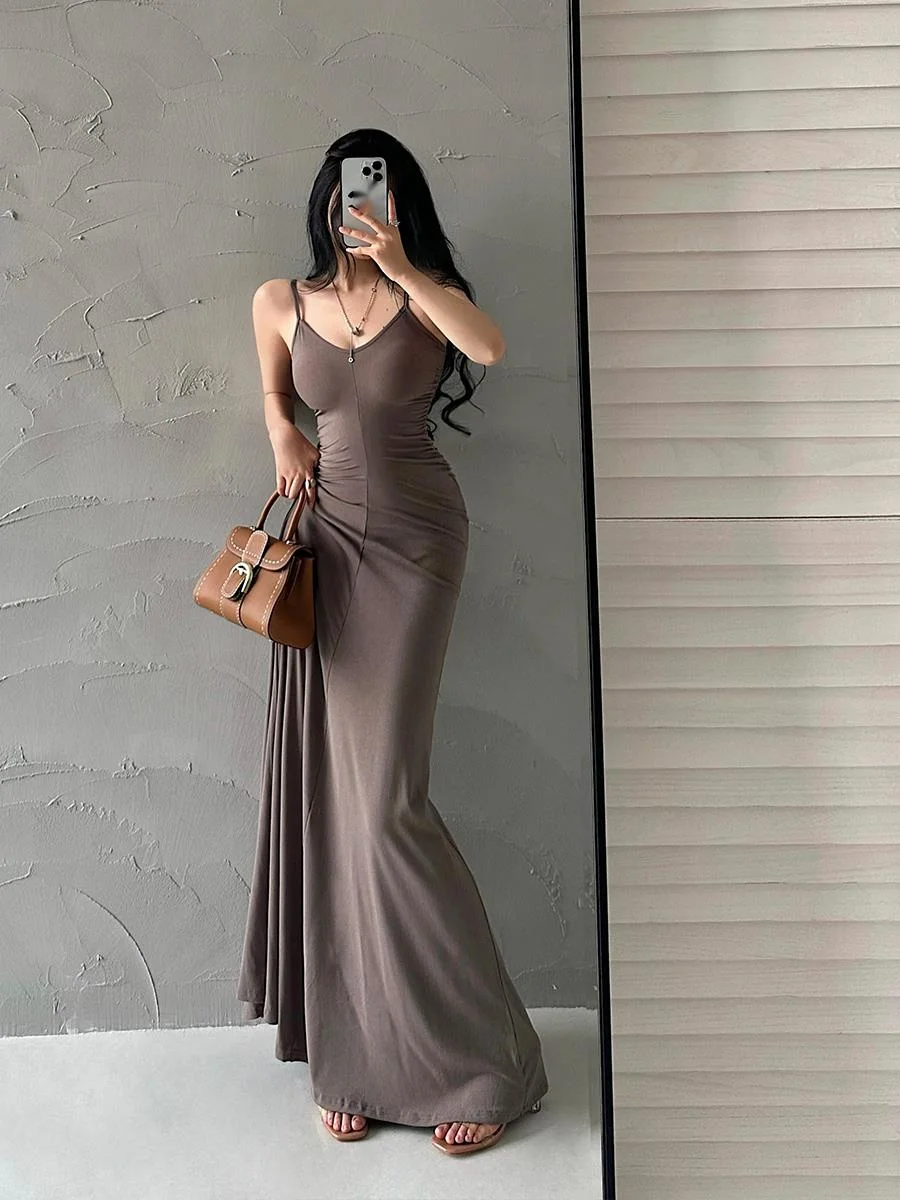 Сексуальное облегающее Плиссированное Платье макси с V-образным вырезом и высокой талией, длинное платье, красивые Сексуальные корейские женские топы M778
