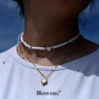 natural shell beads choker stainless steel heart pendant necklace for women handmade bijoux femme jewelry moon girl design