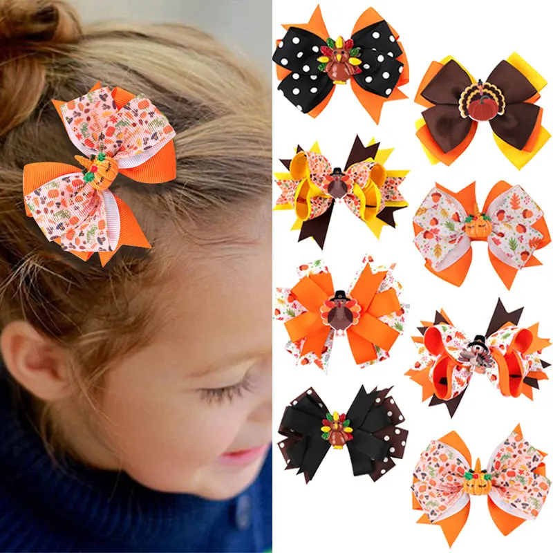 

Заколки для волос с лентой на День Благодарения для девочек, Мультяшные индейки, банты, Детские аксессуары для волос с тыквой на Хэллоуин