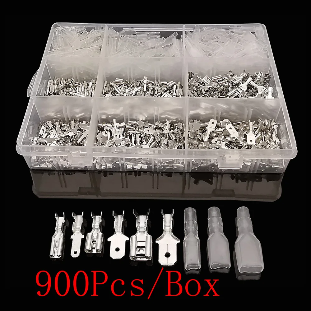

900 шт./корт. Серебряный 2,8/4,8/6,3 мм Штекерный гнездовой соединитель для провода электрическая обжимная Клемма с изоляционной втулкой набор в а...