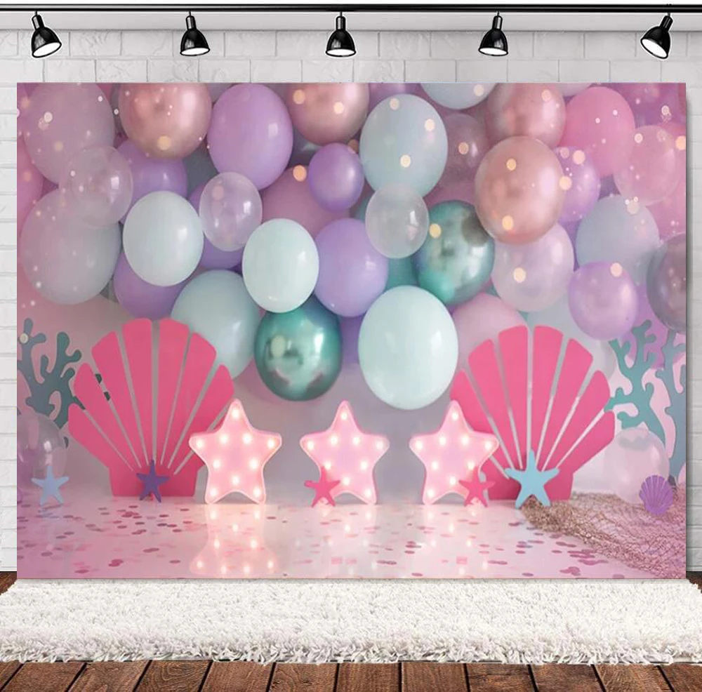 

Photography Backdrop Under Sea Ocean Balloon Mermaid Starfish Girl Birthday Cake Smash Decor Photo Background Banner Studio
