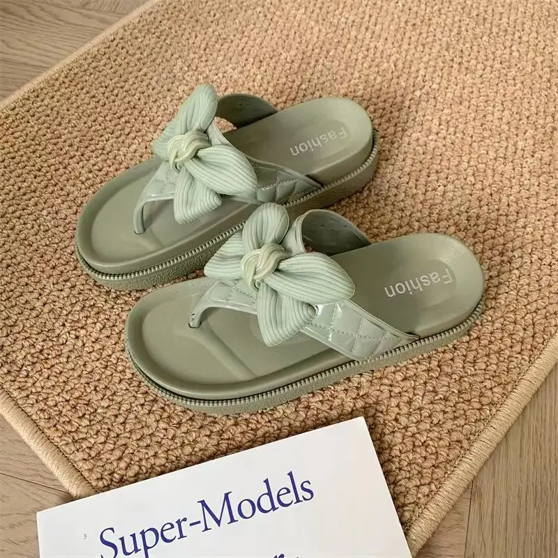 

Женские летние повседневные шлепанцы, Нескользящие, износостойкие, разноцветные домашние шлепанцы с бантом, пляжные шлепанцы для улицы