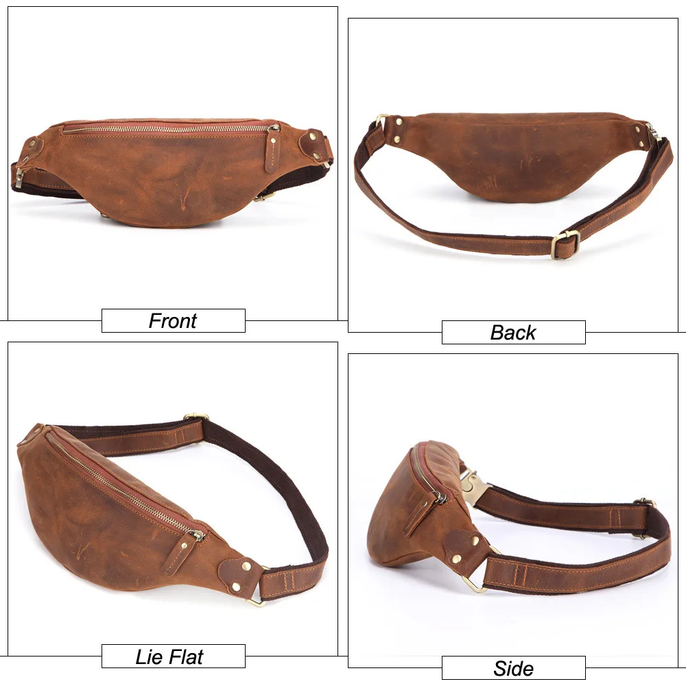 100% Cowhide Men's Zipper Chest Bag Genuine Leather Travel Waist Pack Vintage Wallets Phone Pouch Fashion Fanny Pack Coin Purse