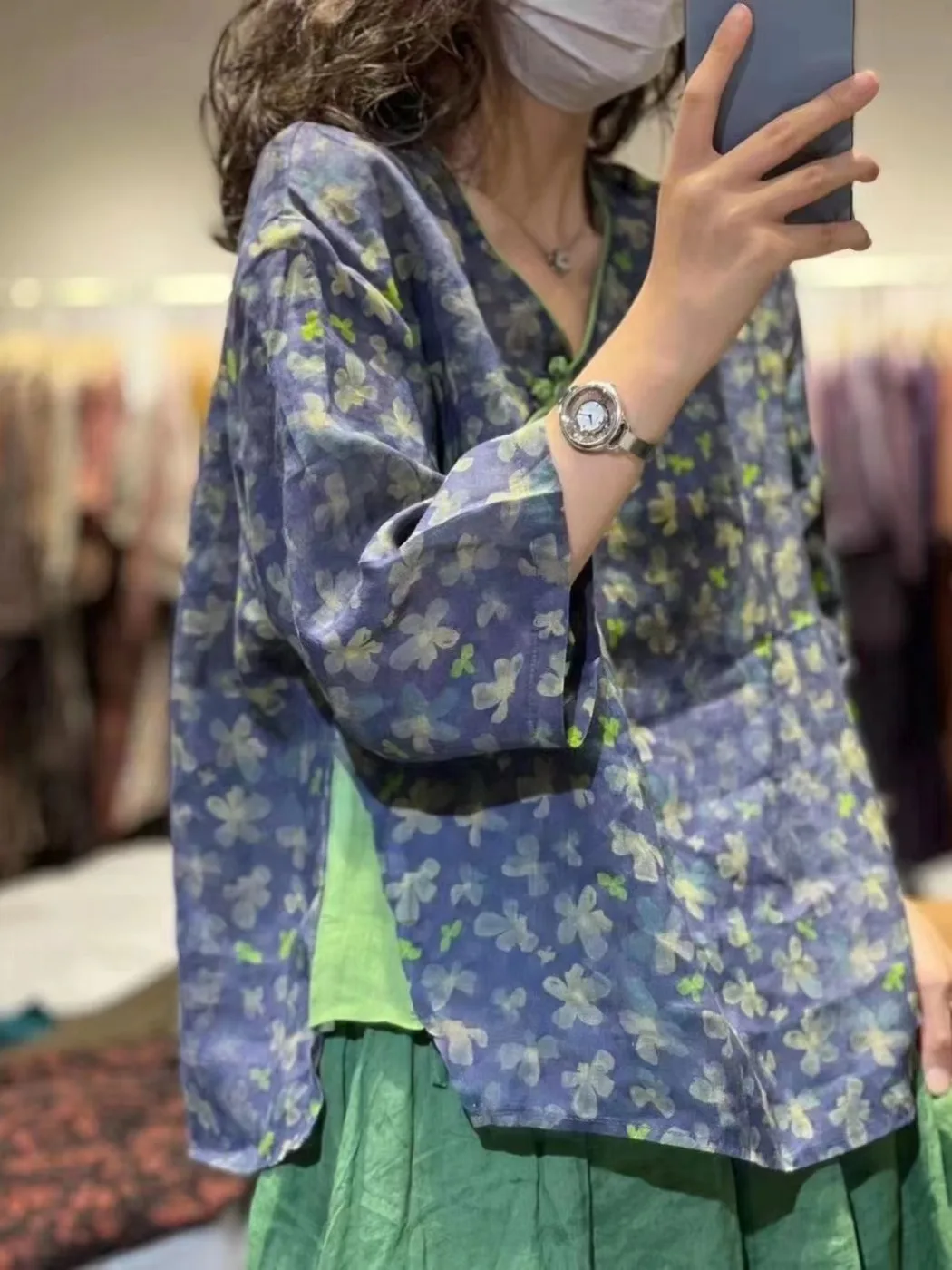 Chinese Sle Artistic Print Diagonal Buckle Ramie Short sleeve Pullover Top Women Loose Thin T-shirt Hanfu Shirt