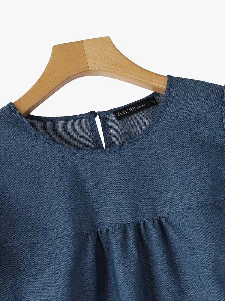 Летняя Блузка ZANZEA 2024 женская джинсовая голубая рубашка с коротким рукавом