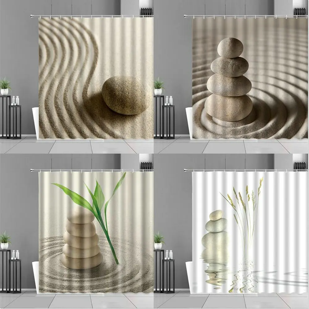 

Sandy Beach Zen Stone Shower Curtain Green Bamboo Leaves Flower Landscape Waterproof Bath Curtains Home Bathroom Decor Set