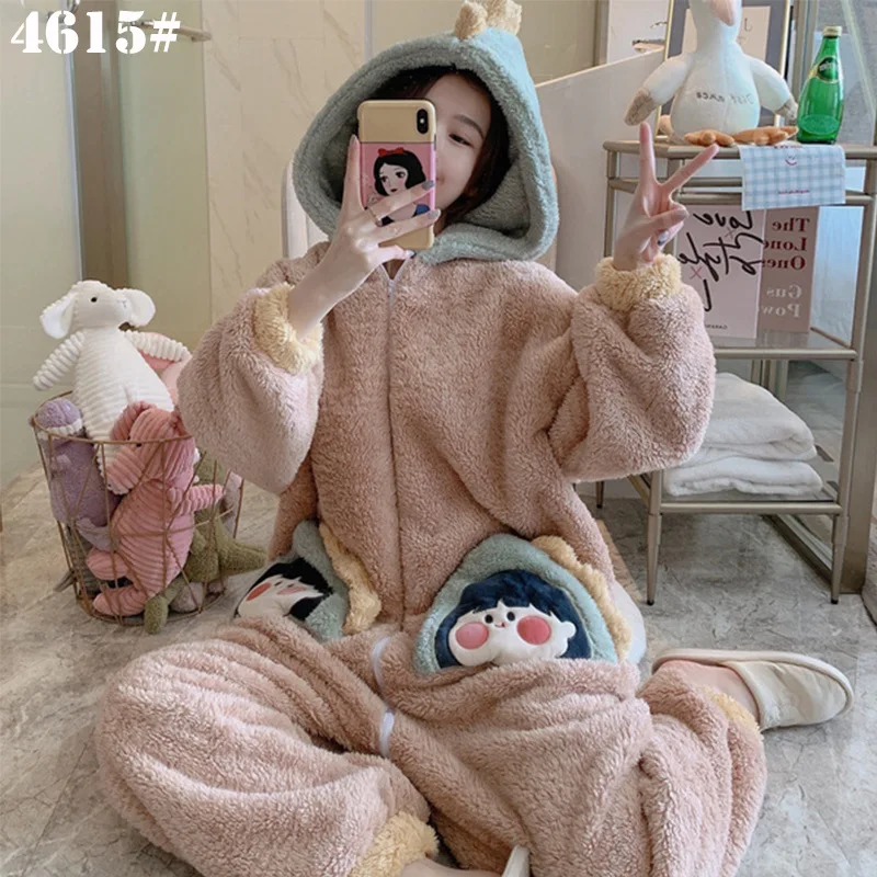 Free Shipping Flannel One-piece Women's Coral Velvet Home Clothes Lovely Cartoon Hooded Pajamas Set Winter Pajamas
