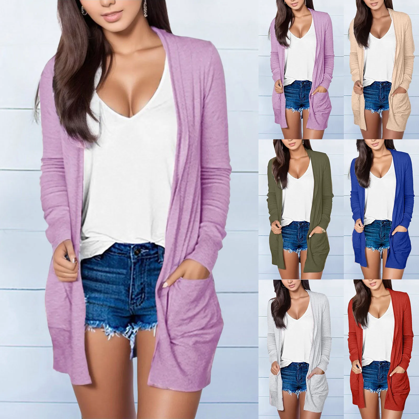 

Solid Long Coat For Womens Pockets Coat Ladies Sleeve Long Outerwear Cardigan Women'S Coat Female Clothing Jersey Women Tops