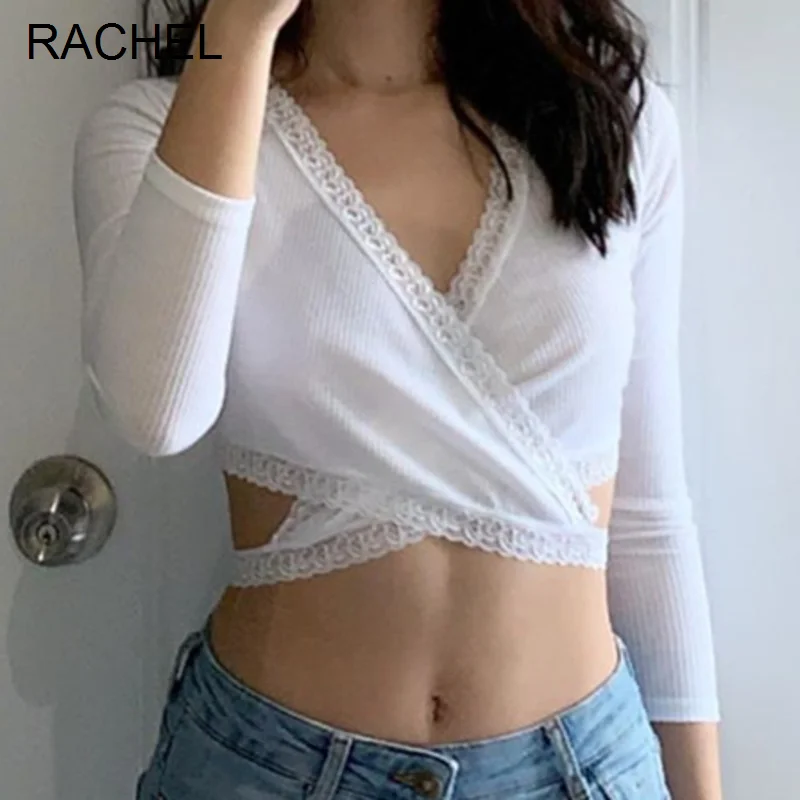 Женский кружевной топ с V-образным вырезом и длинным рукавом | Женская одежда