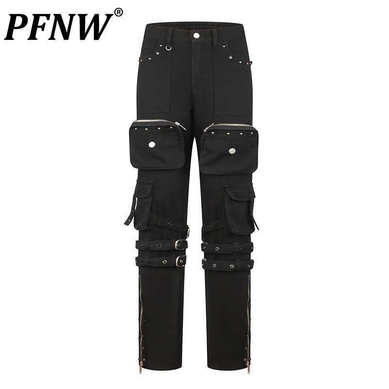 PFNW Spring Autumn New Men's Safari Style Darkwear Cargo Pants Solid Color Bandage Outdoor Casual Chic Straight Trousers 28A0809