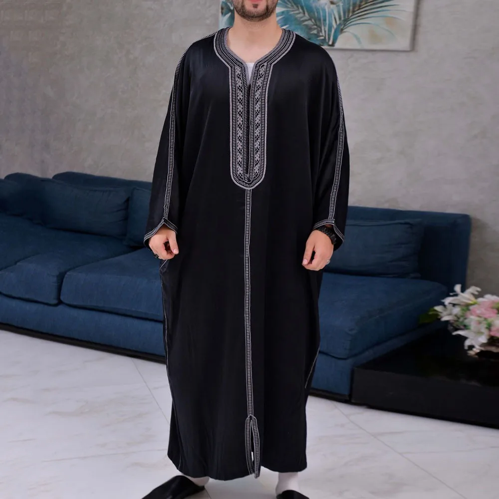 

Abaya Men Muslim Clothing Islam Black Striped Print Robe Long Sleeve Loose African Traditional Daily Work Business Shirts Male
