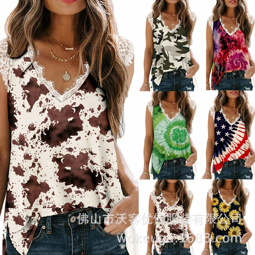 

Sexy V-Neck Women Lace Summer Tank Top Women Leopard Print Sleeveless T-shirt Tops Fashion Female Tanks