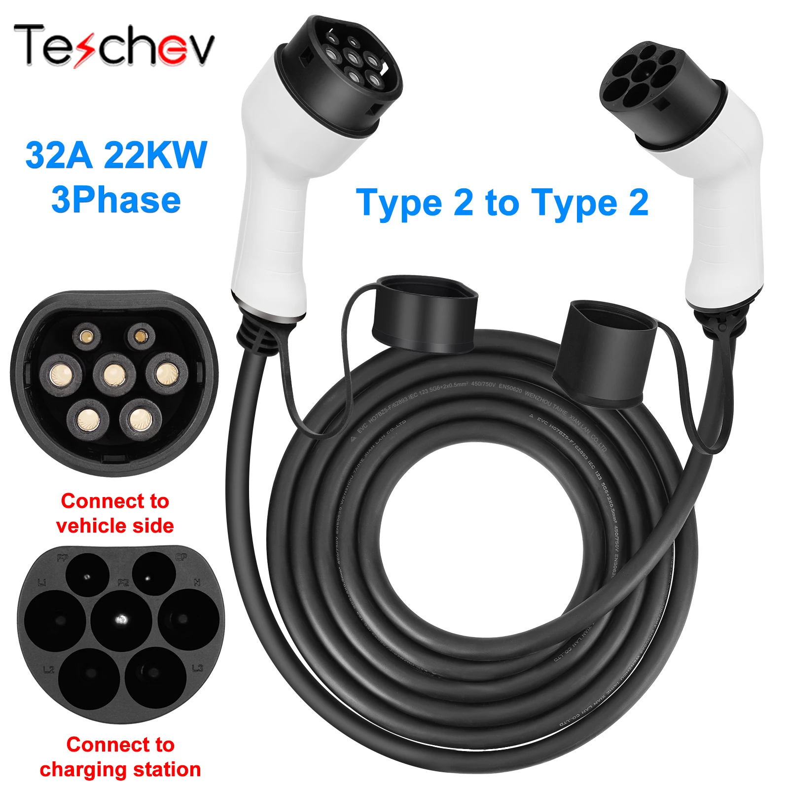 32A 3Phase Portable EV Charger Cord IEC62196-2 Type 2 Charging Station EVSE Kit Charging Cable for Electric Car