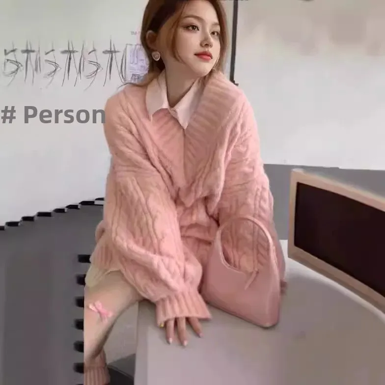 Женский модный серый зимний свитер свободного покроя с v-образным вырезом