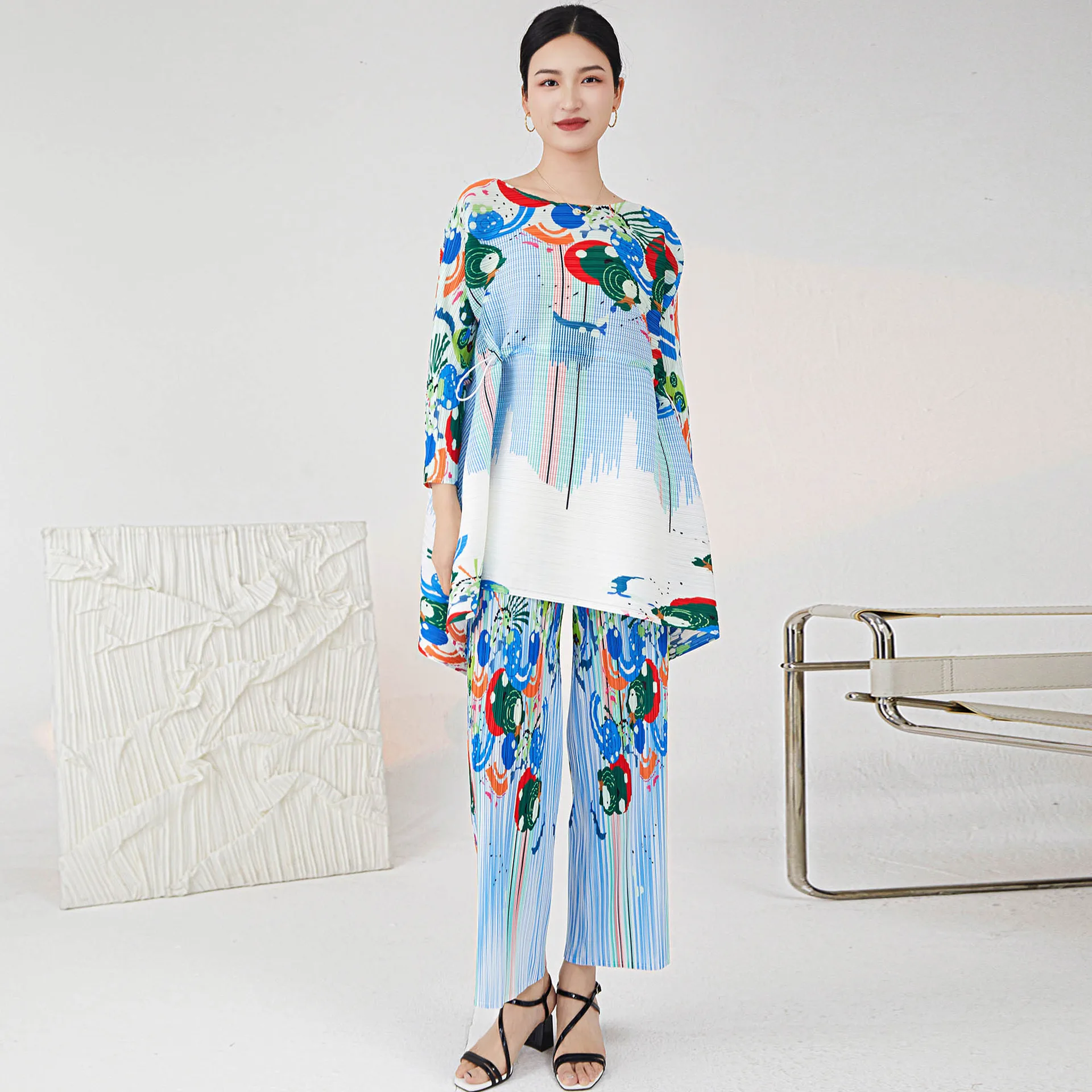 

Женский комплект из двух предметов SuperAen, Свободный Топ с принтом и завязками, прямые брюки