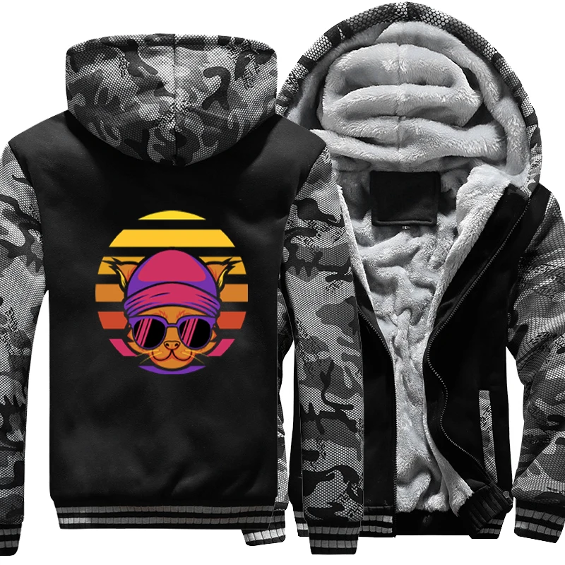 

Cat Winter Jacket Streetwear Men Warm Thicken Hoodies Camouflage Jackets Fleece Zipper Hoodie Oversized Sweatshirts Hooded Coats