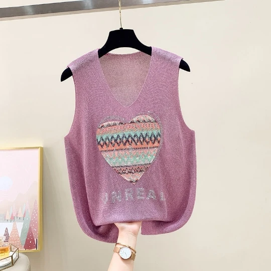 

Purple Girl Women Summer Heart Diamond Camisole Crystal Vest Sleeveless T-shirt Tops Cloth V-neck Tank Top Shinning T Clothes