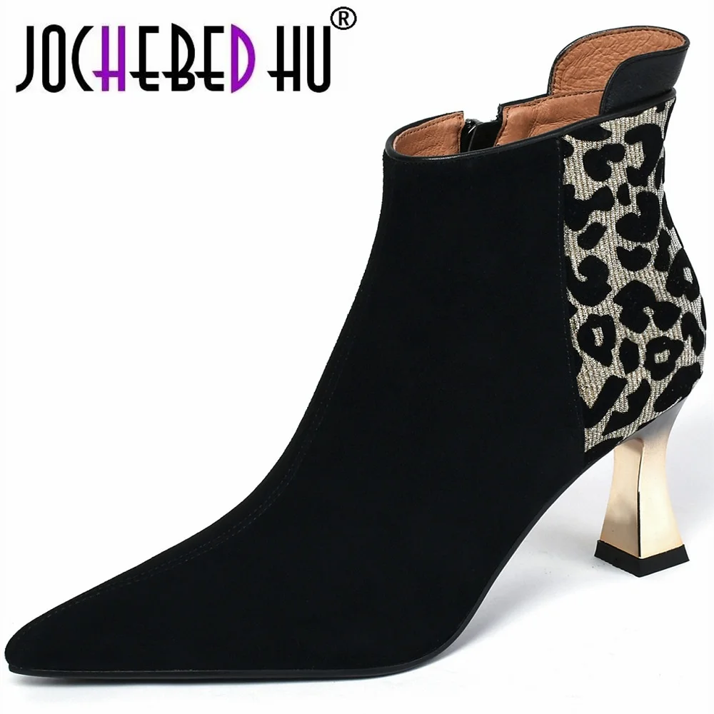 

【JOCHEBED HU】Ankle Boots Genuine Leather Autumn Winter High Spike Heels Black Patchwork Modren Boots Sexy Ladies Pointed Toe