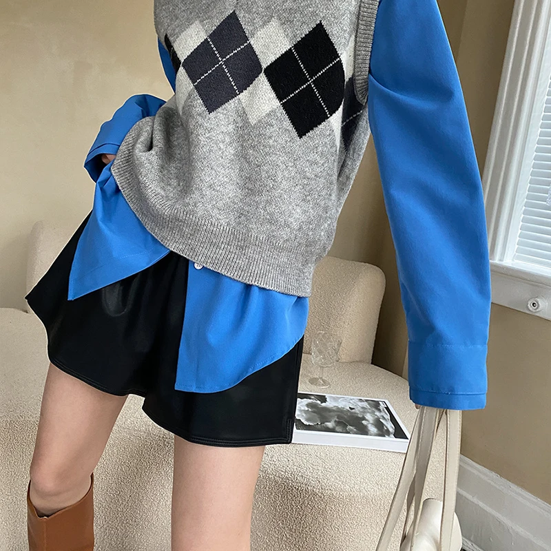 Women Black Casual Pu Leather Wide Leg Shorts New High Waist Loose Fit Trousers Fashion Tide Spring Summer 2023